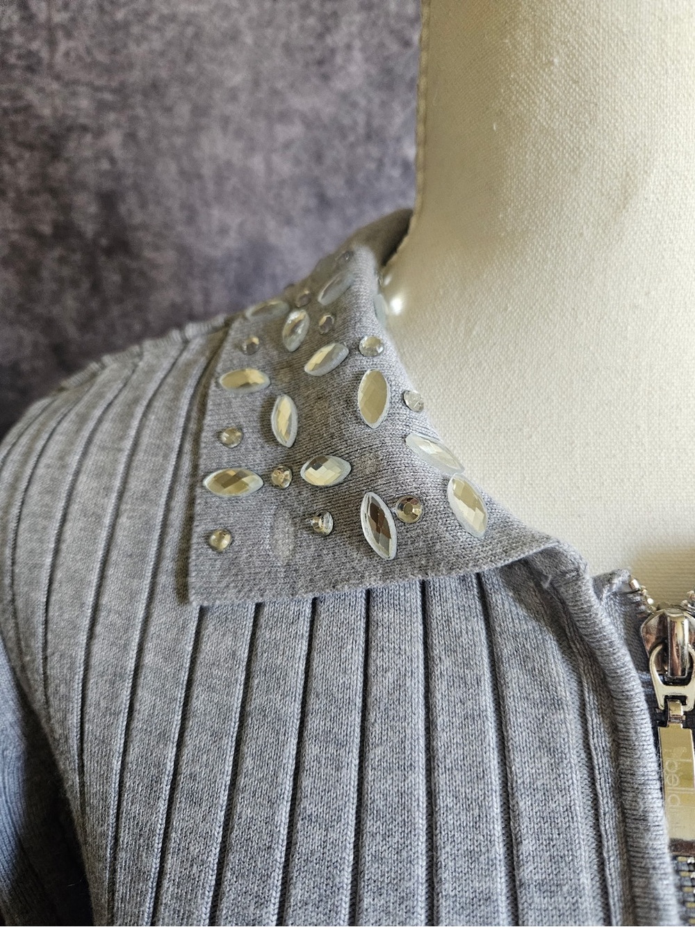 Belldini Gray Ribbed Zip-Front Sweater with Crystal Embellished Collar